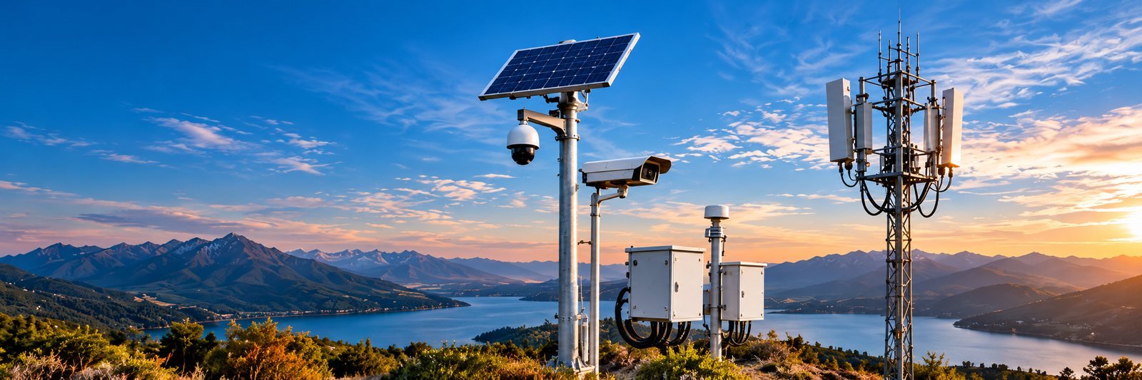 Solar monitoring system by the lake at sunset